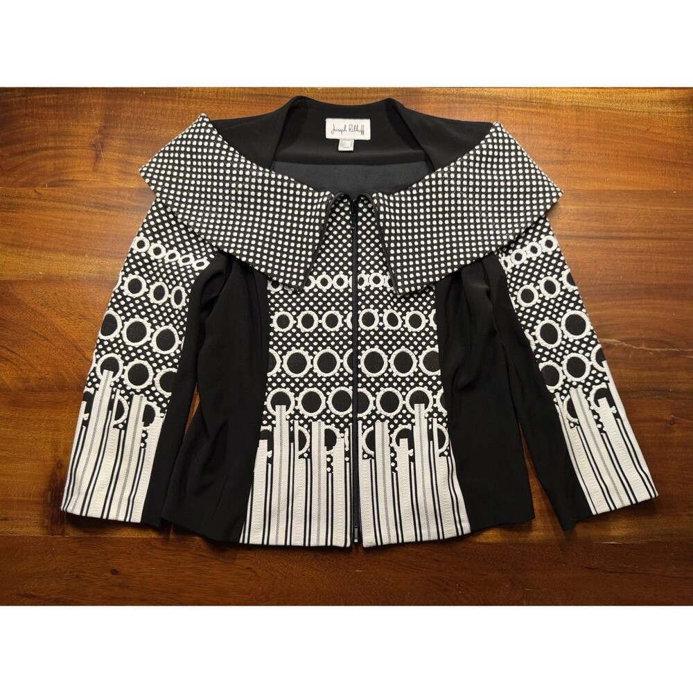 Joseph Ribkoff Jacket Black Geometric Mixed Print Full Zip Portrait Collar Sz 10